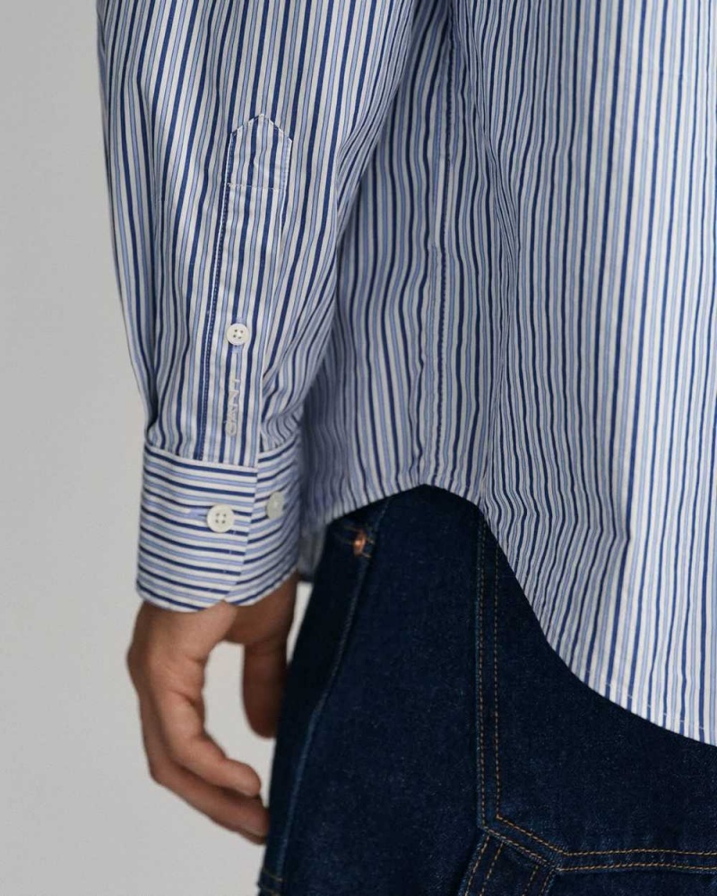 Gant Oversized Striped Poplin Men's Shirts College Blue | CABZR-9375