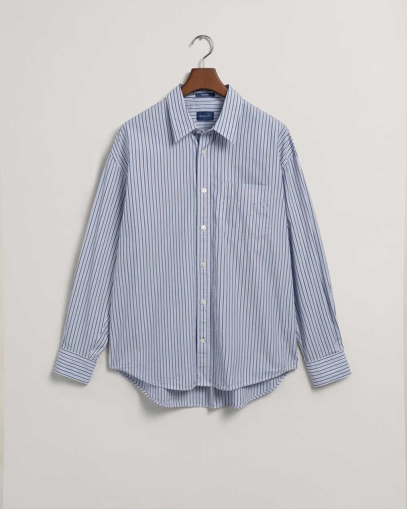 Gant Oversized Striped Poplin Men's Shirts College Blue | CABZR-9375