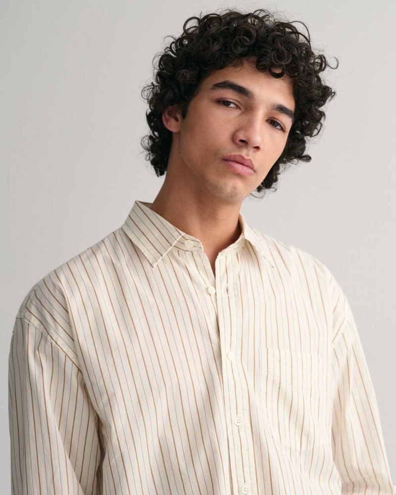 Gant Oversized Striped Poplin Men's Shirts Beige White | SBAKE-1640