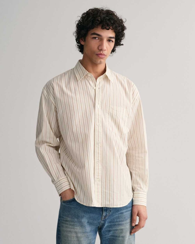 Gant Oversized Striped Poplin Men\'s Shirts Beige White | SBAKE-1640