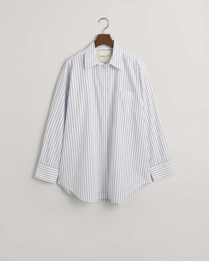 Gant Oversized Striped Poplin Women\'s Shirts College Blue | PRGJW-9475