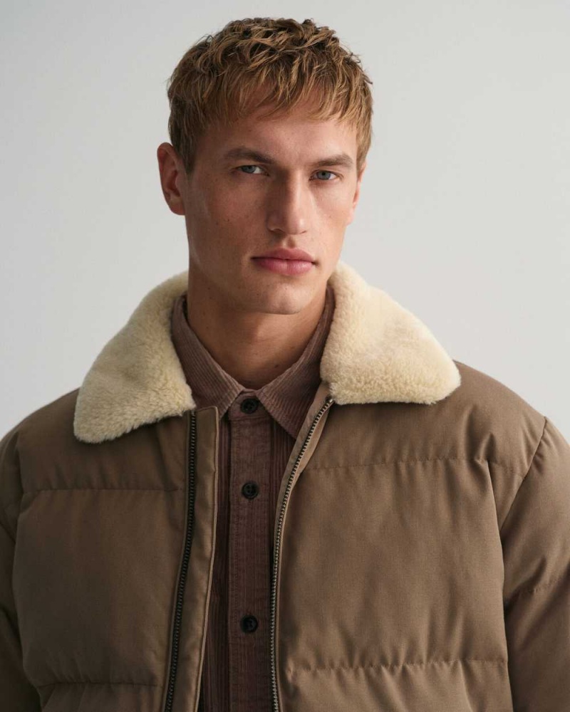 Gant Padded Flannel Puffer Men's Jackets Desert Brown | ZJTYU-6305