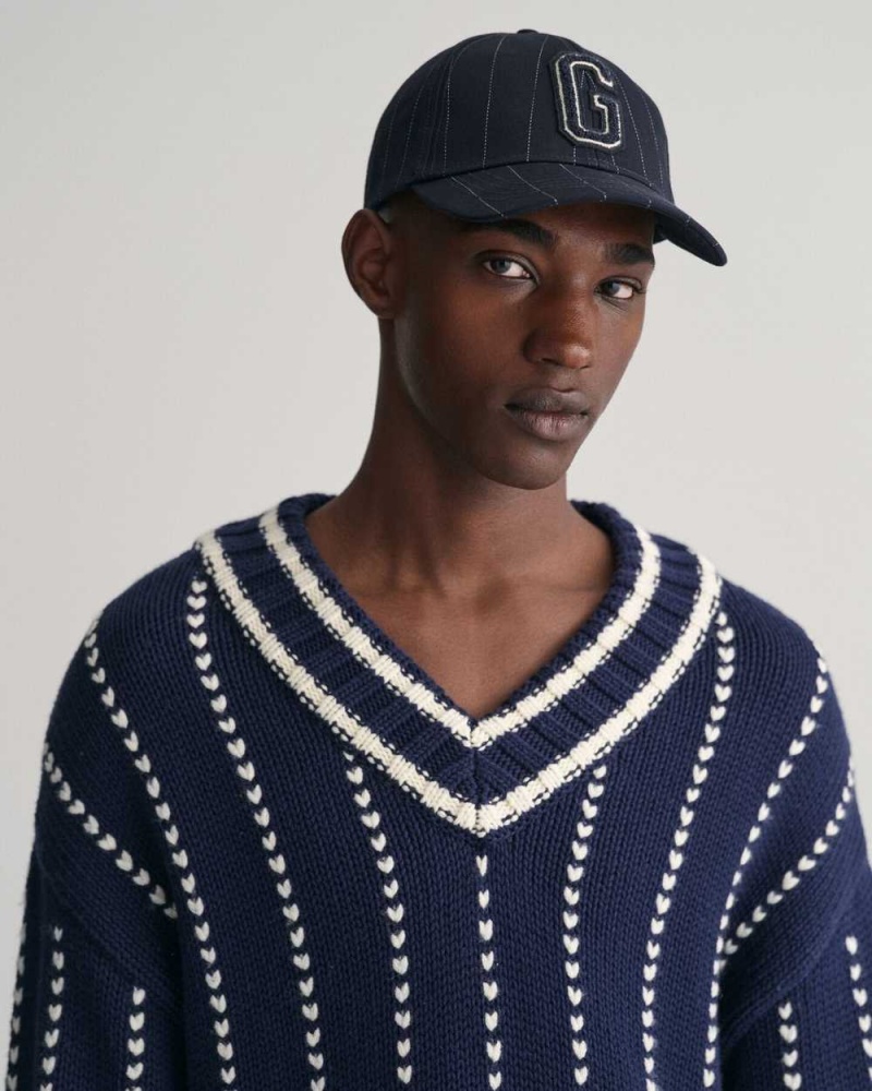 Gant Pinstripe Collegiate V-Neck Men's Sweater Evening Blue | VRDQY-7341