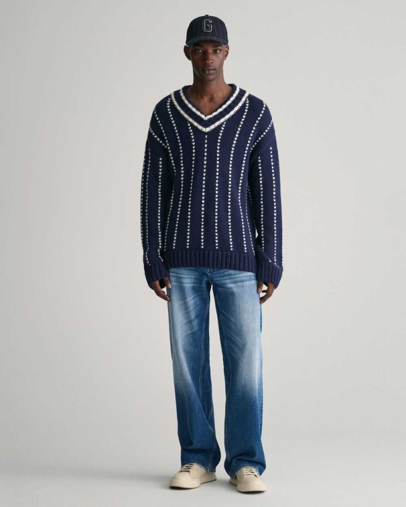 Gant Pinstripe Collegiate V-Neck Men's Sweater Evening Blue | VRDQY-7341