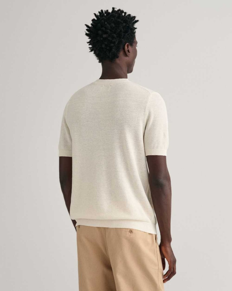 Gant Piqué Men's T-Shirt Cream | BHEPW-5069