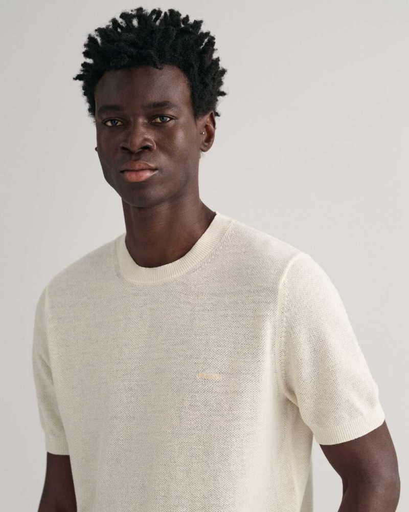 Gant Piqué Men's T-Shirt Cream | BHEPW-5069