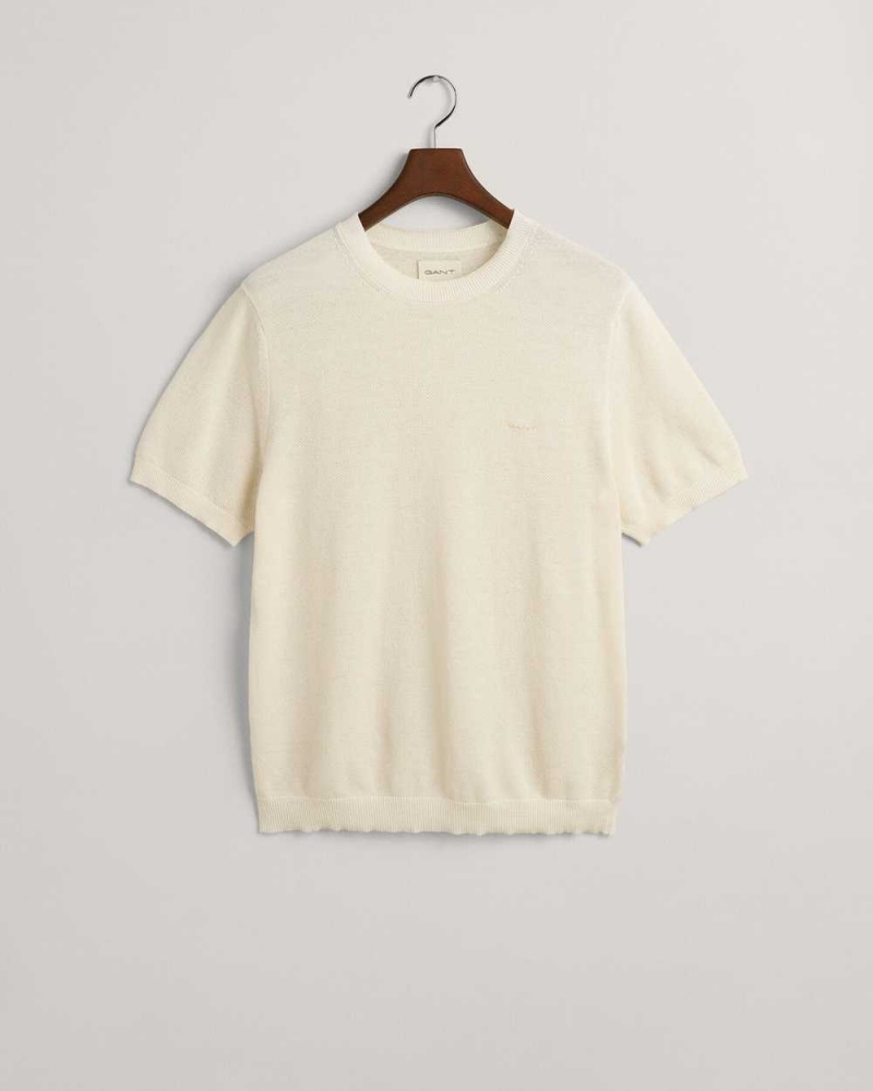 Gant Piqué Men's T-Shirt Cream | BHEPW-5069