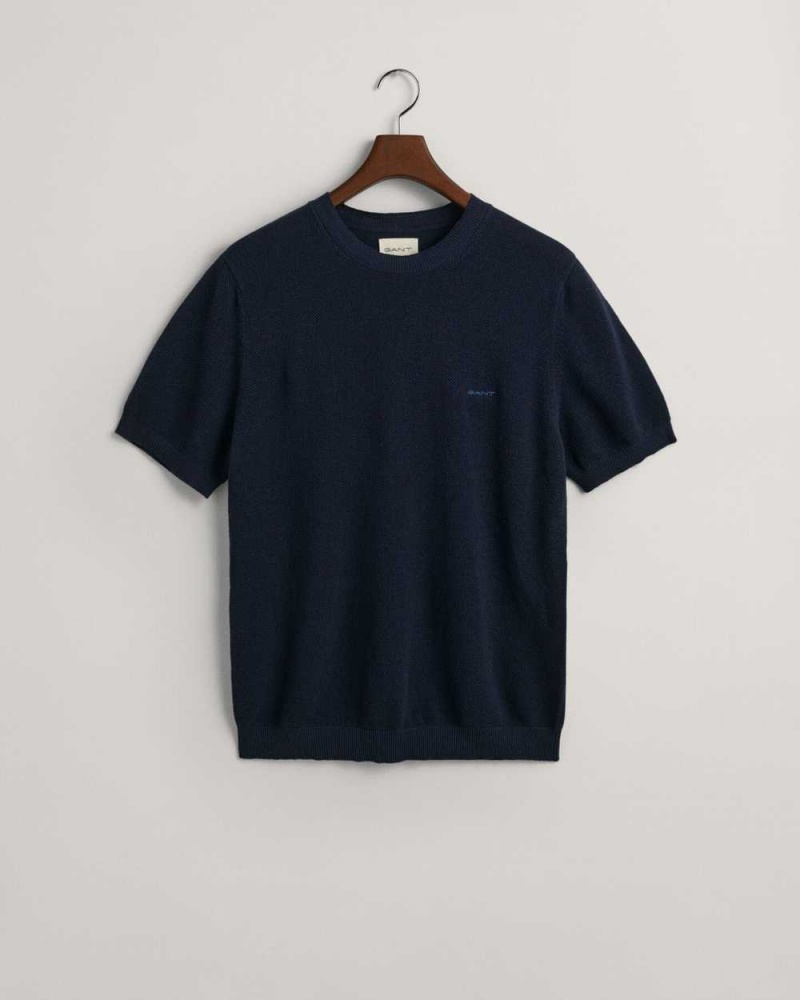 Gant Piqué Men's T-Shirt Evening Blue | HBOWK-3752