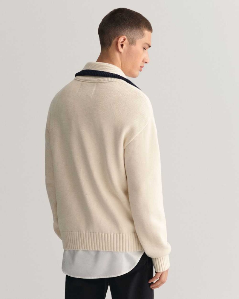 Gant Plain Cotton Half-Zip Men's Sweater Cream | UHBIL-9473