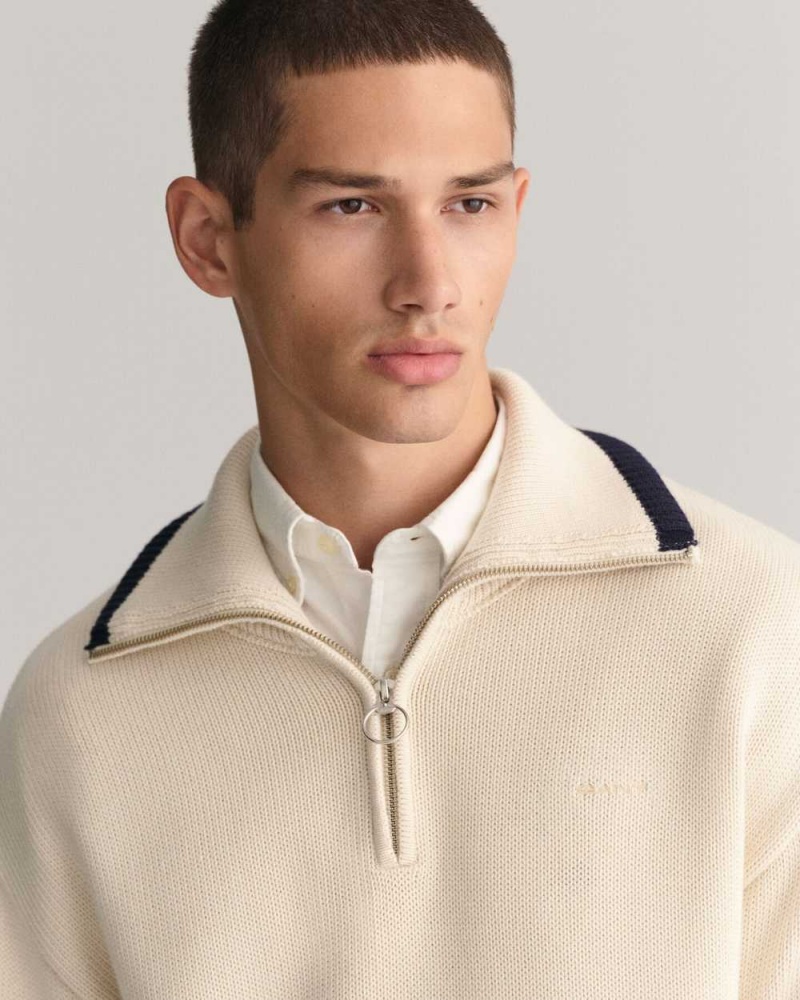 Gant Plain Cotton Half-Zip Men's Sweater Cream | UHBIL-9473