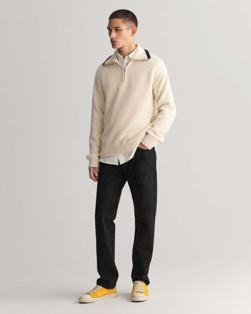 Gant Plain Cotton Half-Zip Men's Sweater Cream | UHBIL-9473