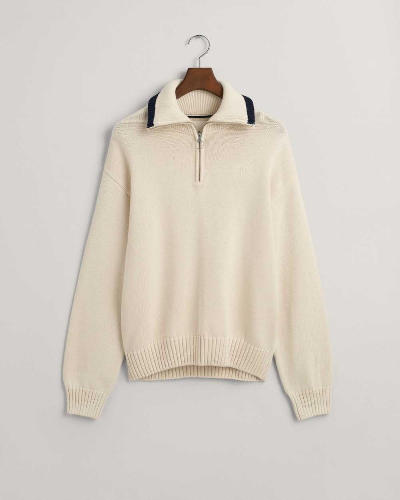 Gant Plain Cotton Half-Zip Men's Sweater Cream | UHBIL-9473