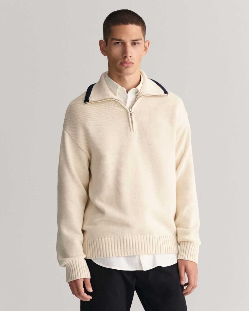 Gant Plain Cotton Half-Zip Men\'s Sweater Cream | UHBIL-9473