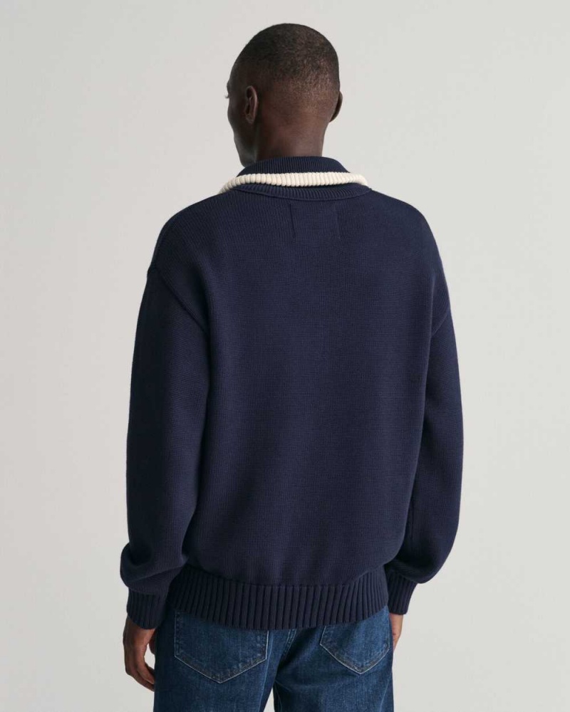 Gant Plain Cotton Half-Zip Men's Sweater Evening Blue | TKYPH-4258