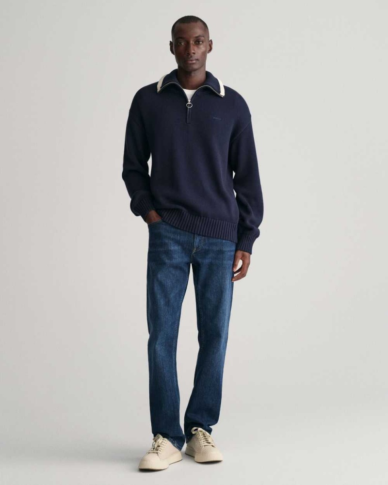 Gant Plain Cotton Half-Zip Men's Sweater Evening Blue | TKYPH-4258