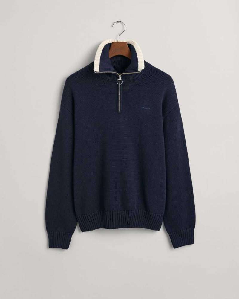 Gant Plain Cotton Half-Zip Men's Sweater Evening Blue | TKYPH-4258