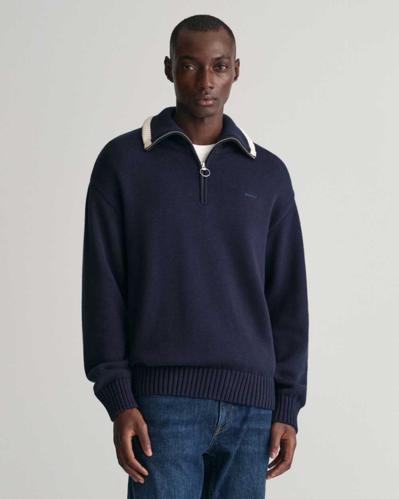 Gant Plain Cotton Half-Zip Men\'s Sweater Evening Blue | TKYPH-4258