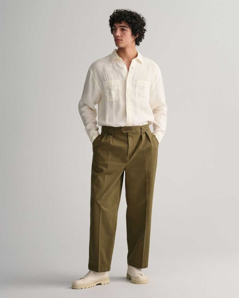 Gant Pleated Twill Men's Chino Pants Dark Cactus | RWCFH-3584