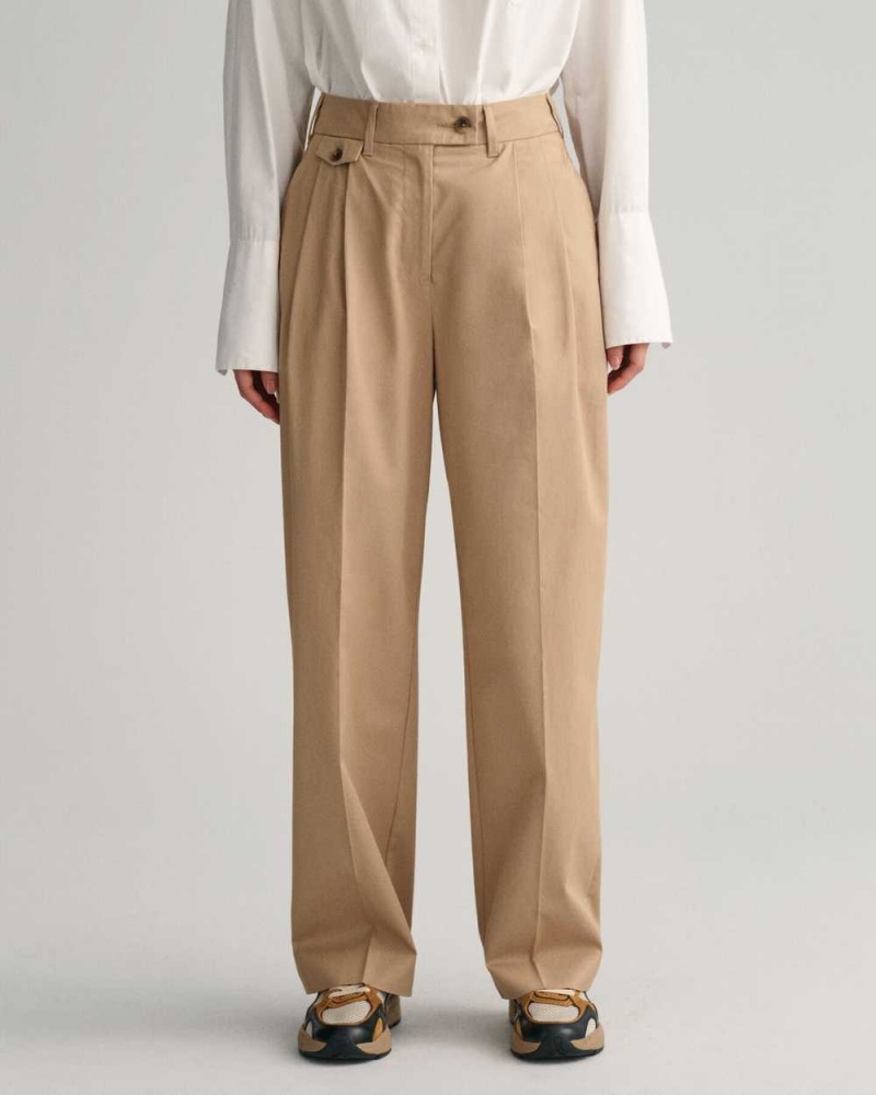 Gant Pleated Women's Chino Pants Dark Khaki | ZCWDQ-4501