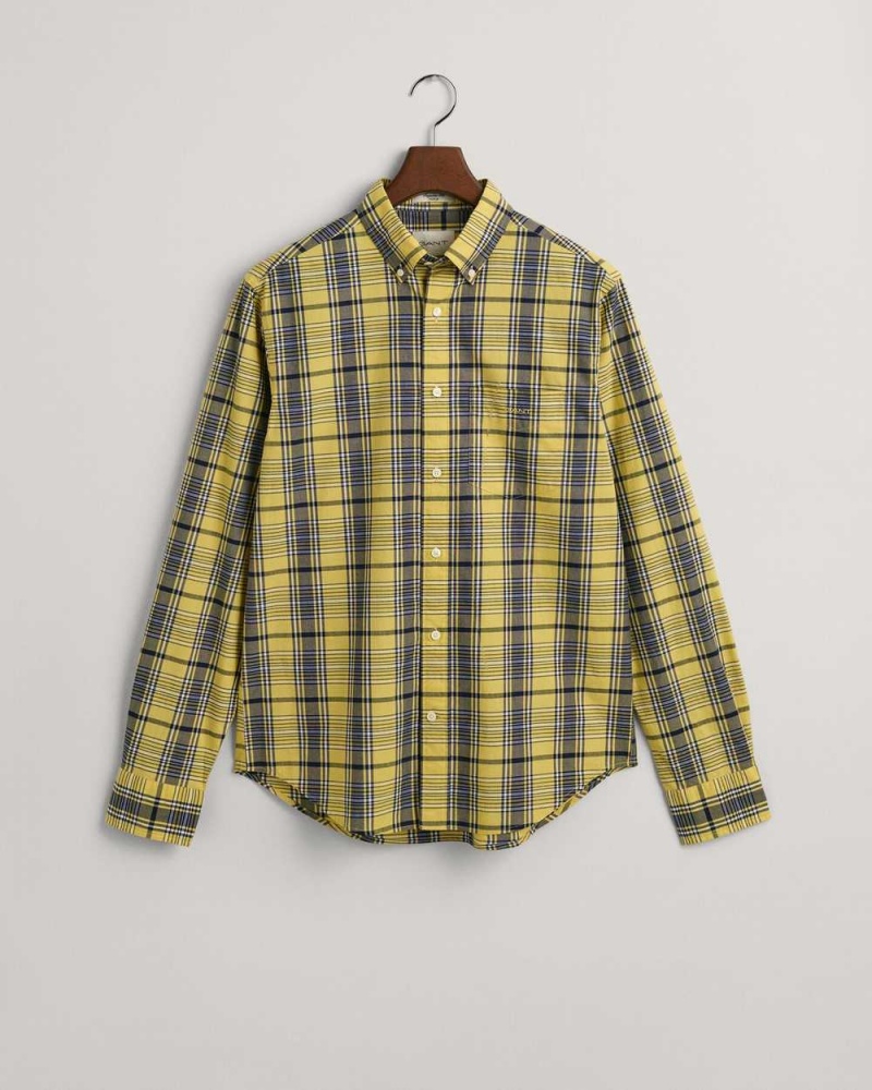 Gant Regular Fit Checked Poplin Men's Shirts Parchment Yellow | AVQMF-3164