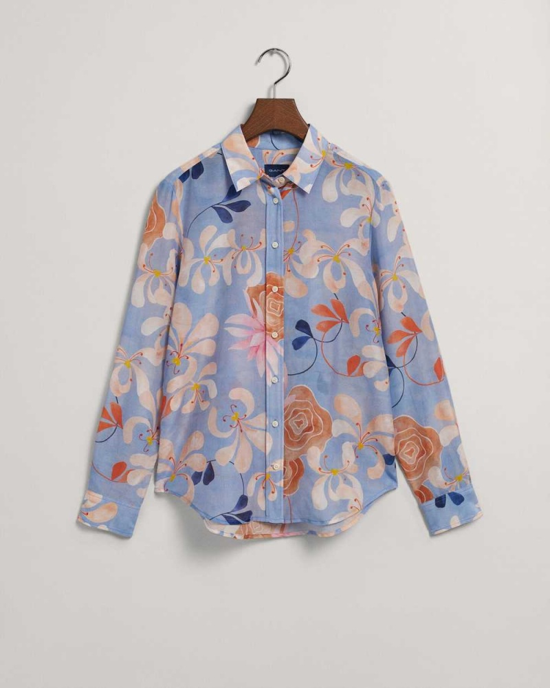 Gant Regular Fit Floral Print Cotton Silk Women's Shirts Waterfall Blue | NUFQY-9678