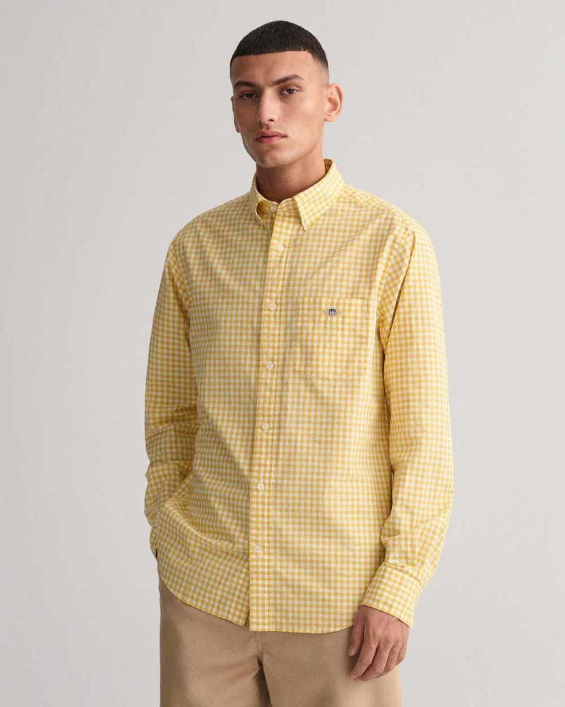 Gant Regular Fit Gingham Poplin Men\'s Shirts Parchment Yellow | UZSXK-2791