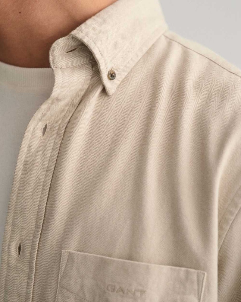 Gant Regular Fit Herringbone Flannel Men's Shirts Cold Beige | DSZNG-2983