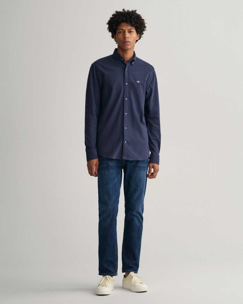 Gant Regular Fit Jersey Piqué Men's Shirts Marine | RUFXG-4816