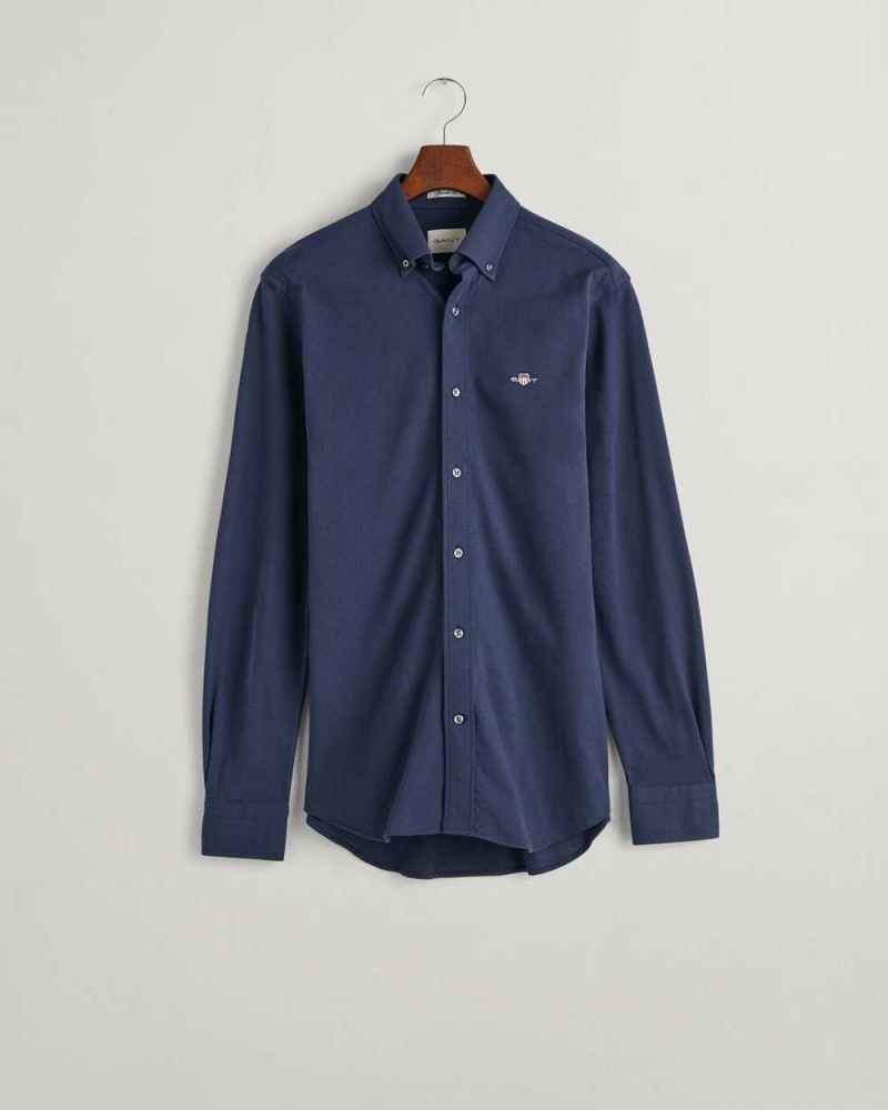 Gant Regular Fit Jersey Piqué Men's Shirts Marine | RUFXG-4816