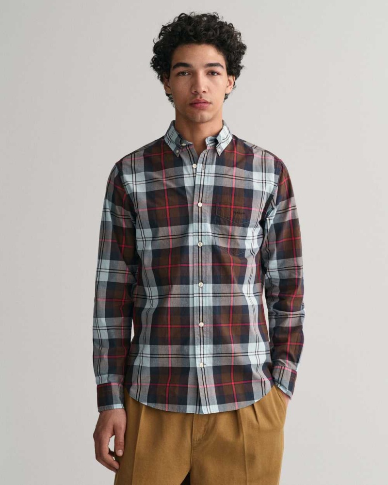 Gant Regular Fit Large Checked Poplin Men\'s Shirts Rich Brown | GQFAP-4130