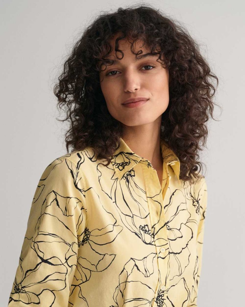 Gant Regular Fit Line Drawing Cotton Voile Women's Shirts Dusty Light Yellow | SXVUK-9745