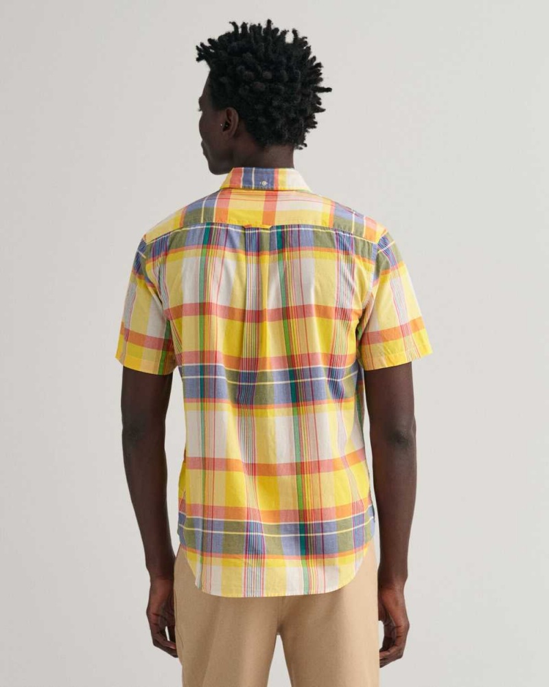 Gant Regular Fit Madras Short Sleeve Men's Shirts Tulip Yellow | TNOYI-2369