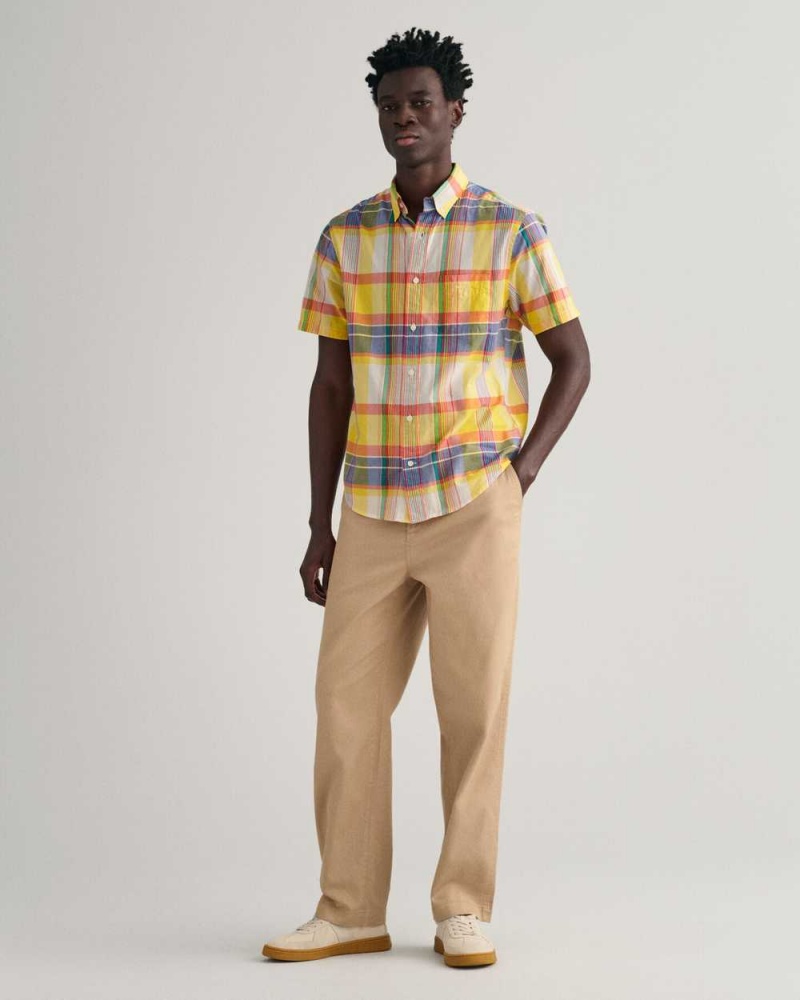 Gant Regular Fit Madras Short Sleeve Men's Shirts Tulip Yellow | TNOYI-2369