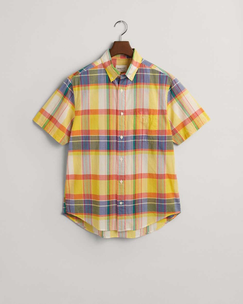 Gant Regular Fit Madras Short Sleeve Men's Shirts Tulip Yellow | TNOYI-2369