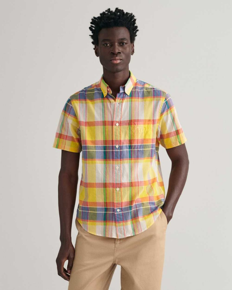 Gant Regular Fit Madras Short Sleeve Men\'s Shirts Tulip Yellow | TNOYI-2369