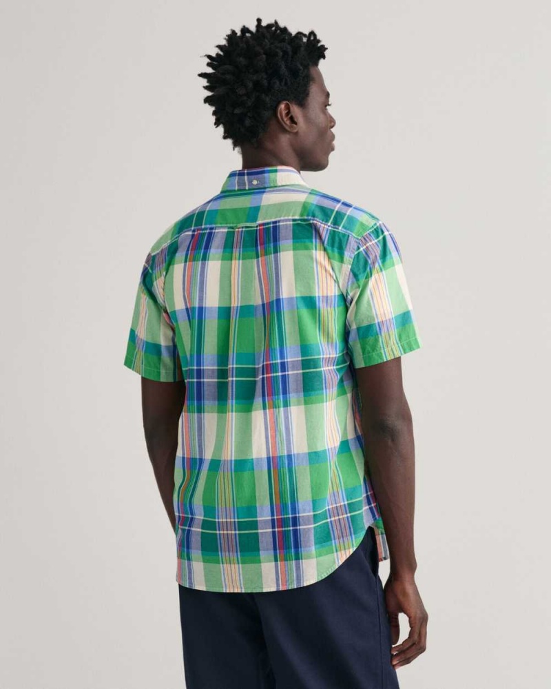 Gant Regular Fit Madras Short Sleeve Men's Shirts Mid Green | WTANJ-8135