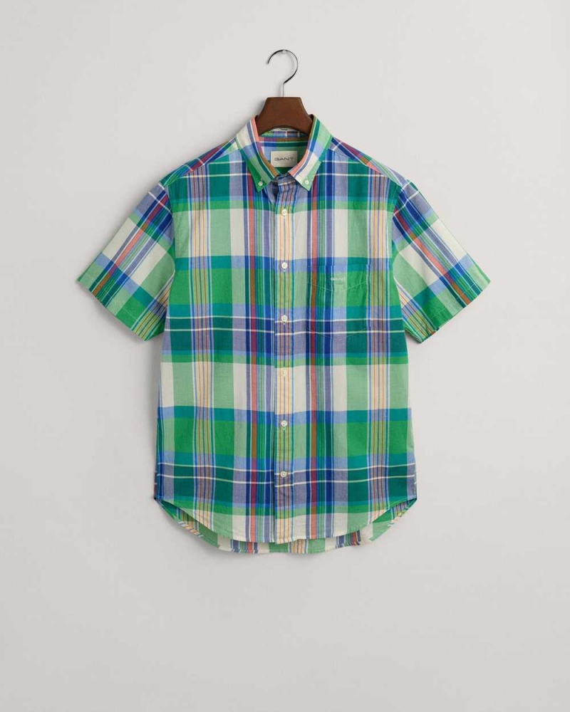 Gant Regular Fit Madras Short Sleeve Men's Shirts Mid Green | WTANJ-8135