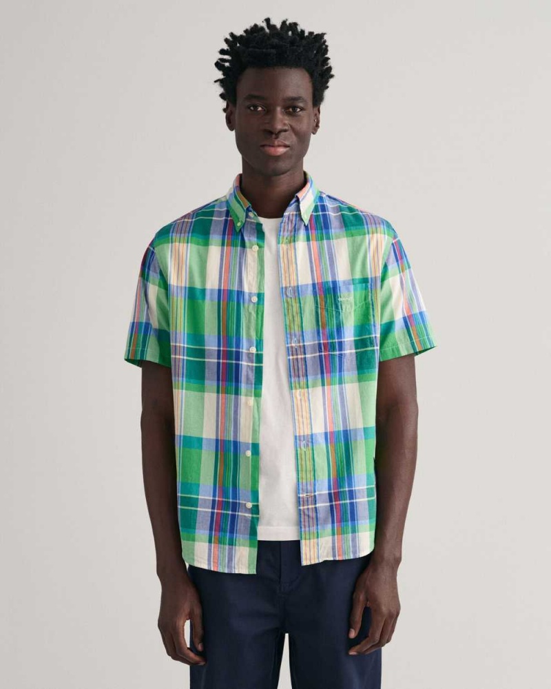 Gant Regular Fit Madras Short Sleeve Men\'s Shirts Mid Green | WTANJ-8135