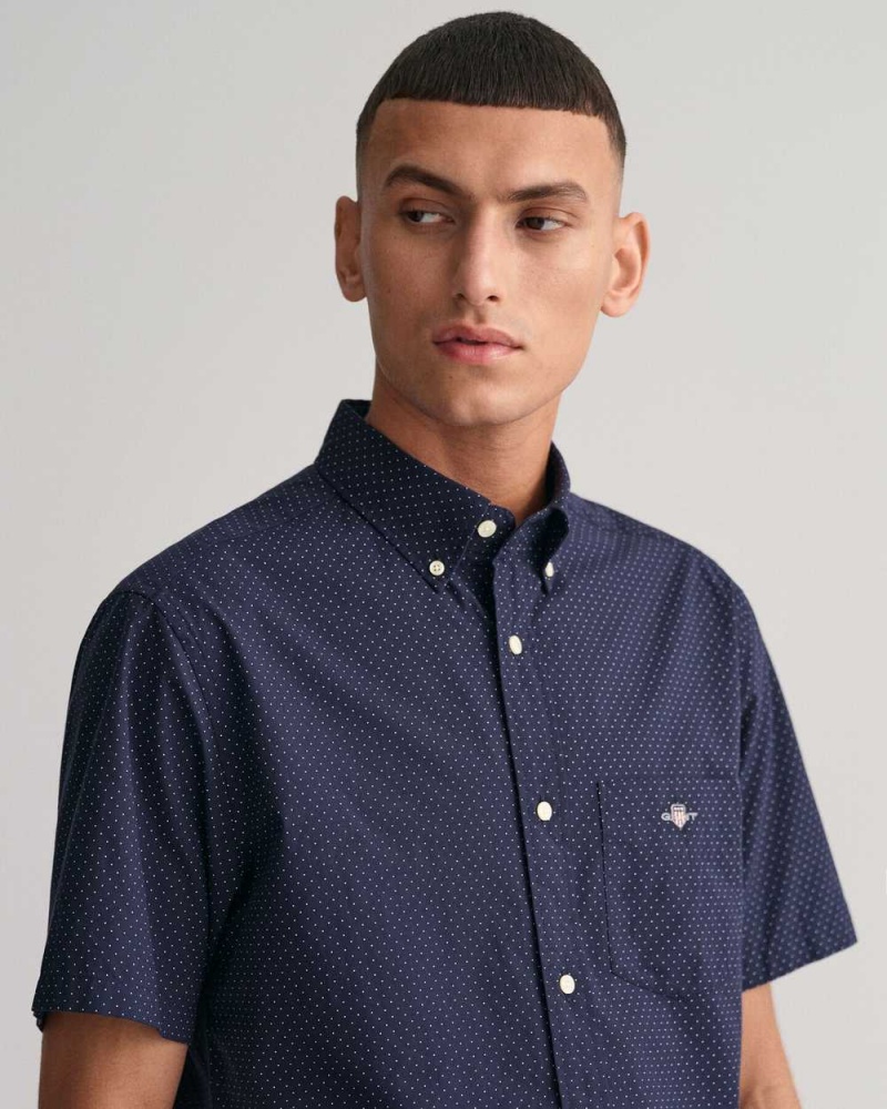 Gant Regular Fit Micro Dot Poplin Short Sleeve Men's Shirts Evening Blue | JEQBA-4706