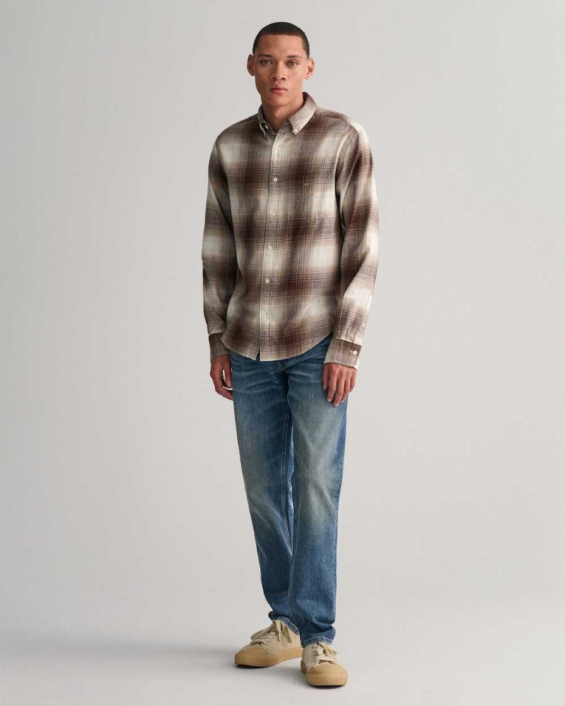 Gant Regular Fit Shadow Check Flannel Men's Shirts Desert Brown | KDNWJ-7218