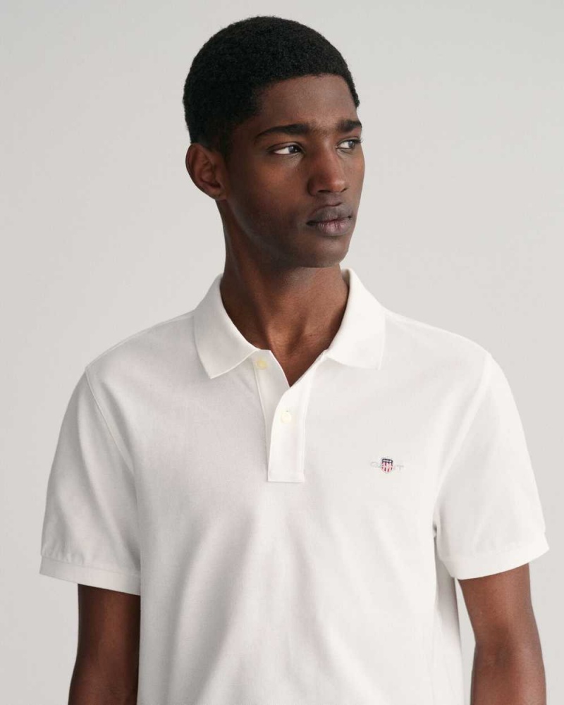 Gant Regular Fit Shield Piqué Men's Polo Shirt White | YNWQP-8742