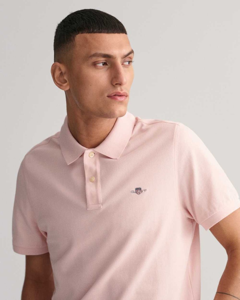 Gant Regular Fit Shield Piqué Men's Polo Shirt Faded Pink | NDMOV-3658