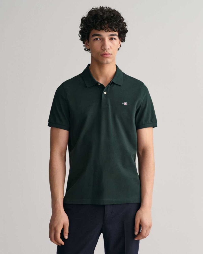 Gant Regular Fit Shield Piqué Men\'s Polo Shirt Tartan Green | JVMAC-9372