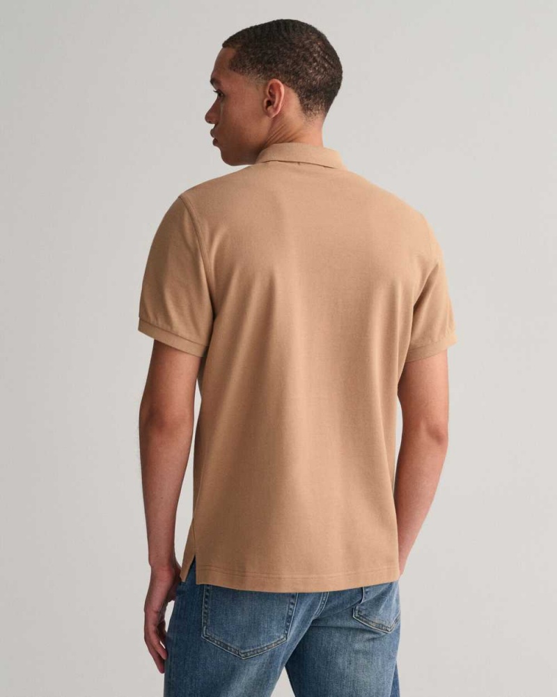 Gant Regular Fit Shield Piqué Men's Polo Shirt Warm Khaki | EAWNM-8236