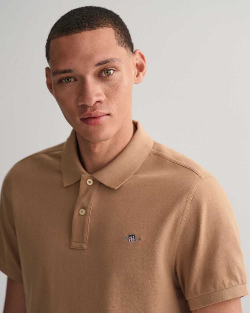 Gant Regular Fit Shield Piqué Men's Polo Shirt Warm Khaki | EAWNM-8236