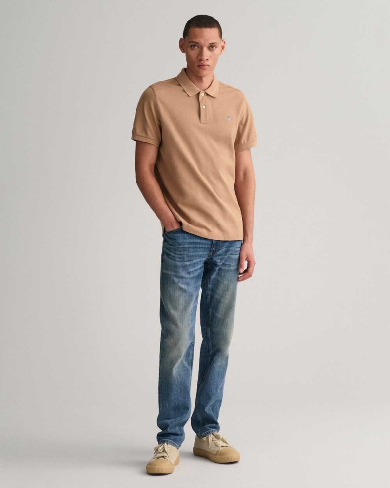 Gant Regular Fit Shield Piqué Men's Polo Shirt Warm Khaki | EAWNM-8236