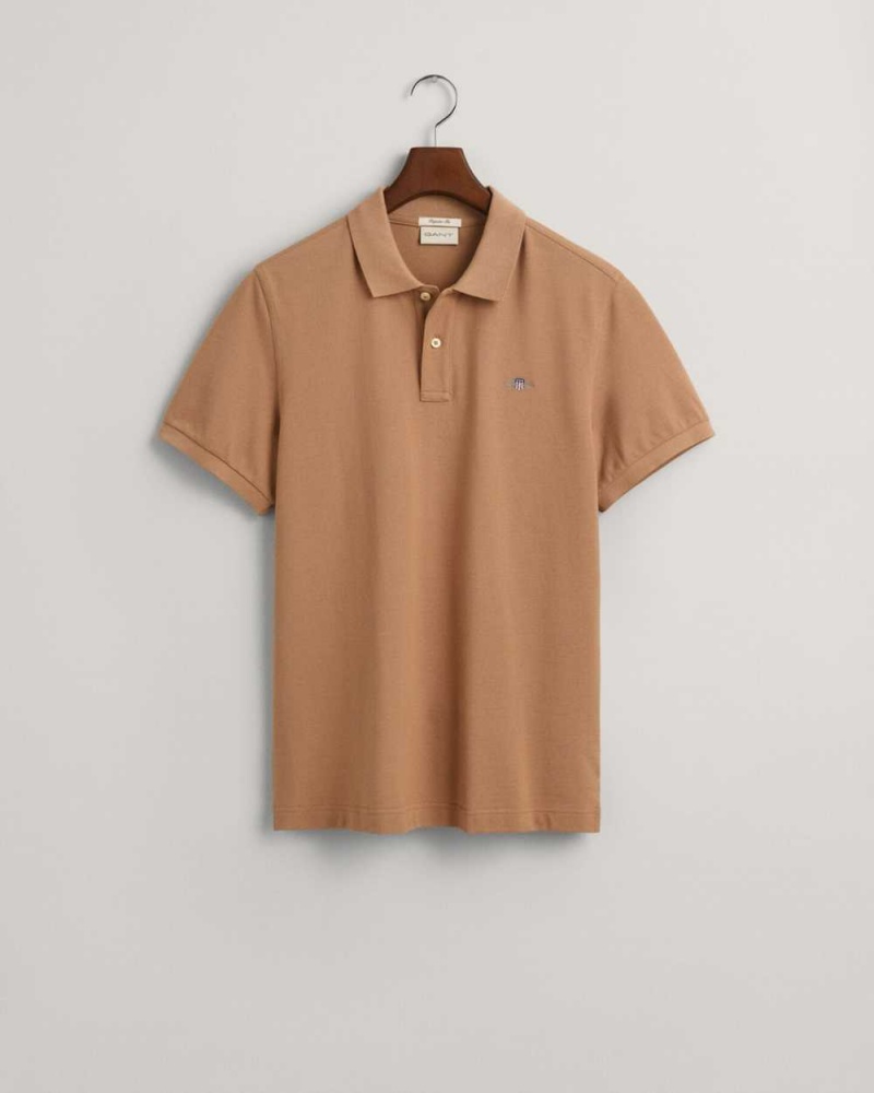 Gant Regular Fit Shield Piqué Men's Polo Shirt Warm Khaki | EAWNM-8236