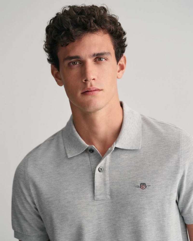 Gant Regular Fit Shield Piqué Men's Polo Shirt Grey Melange | SRKWO-1547