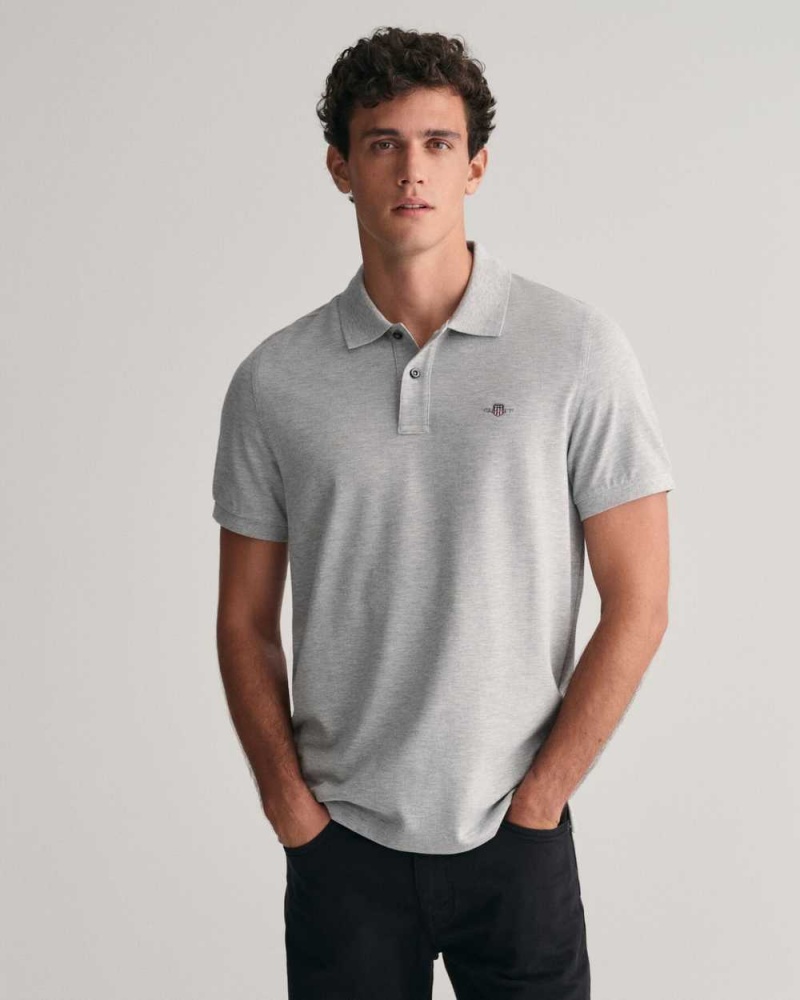 Gant Regular Fit Shield Piqué Men\'s Polo Shirt Grey Melange | SRKWO-1547