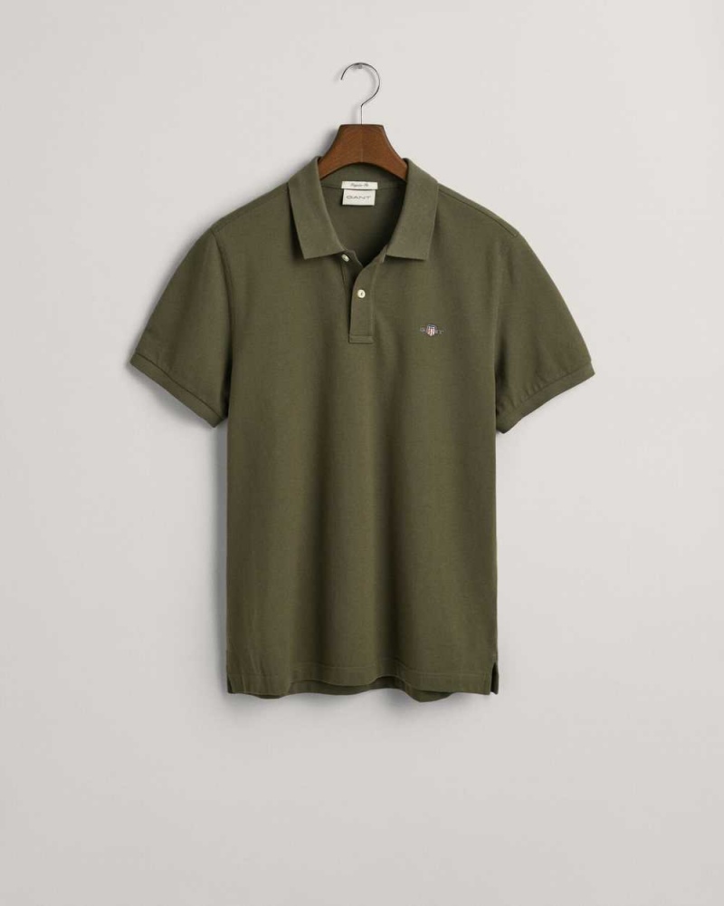 Gant Regular Fit Shield Piqué Men's Polo Shirt Racing Green | TPYJA-9754